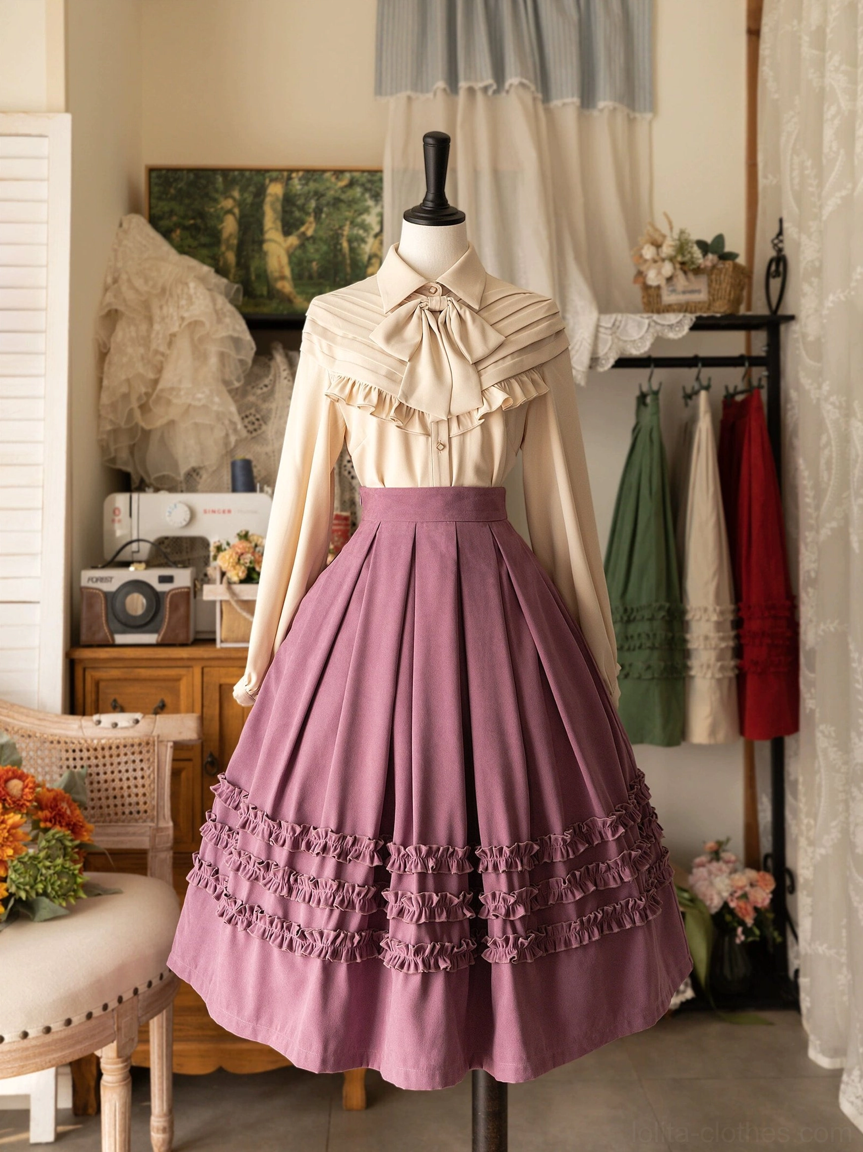 Beige ivory vintage Lolita bow blouse showing bishop sleeves with elegant gathering, ruffled yoke neckline with bow tie, and flowing fabric in romantic vintage Lolita style aesthetic