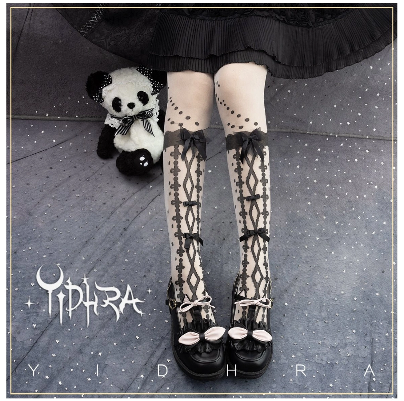 Beige lolita mid-thigh stockings with rhombus lace cross-strap design bow top decorations paired with black lolita outfit and panda plush toy