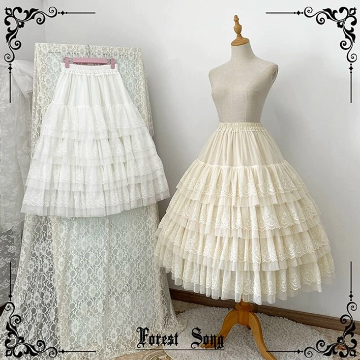 Beige lolita petticoat hanging and mannequin display view showing high waist design and layered lace ruffle midi skirt construction with lace backdrop