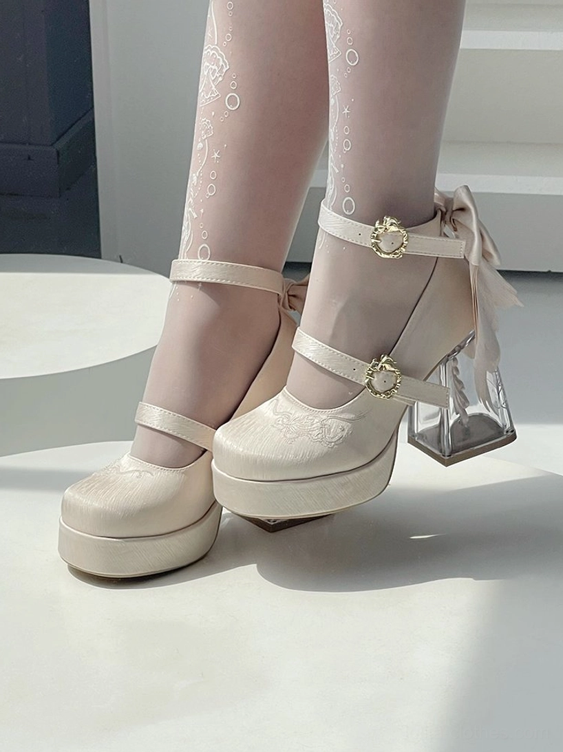 Beige classic lolita platform heels side view gold heart buckles ribbon bow double ankle straps