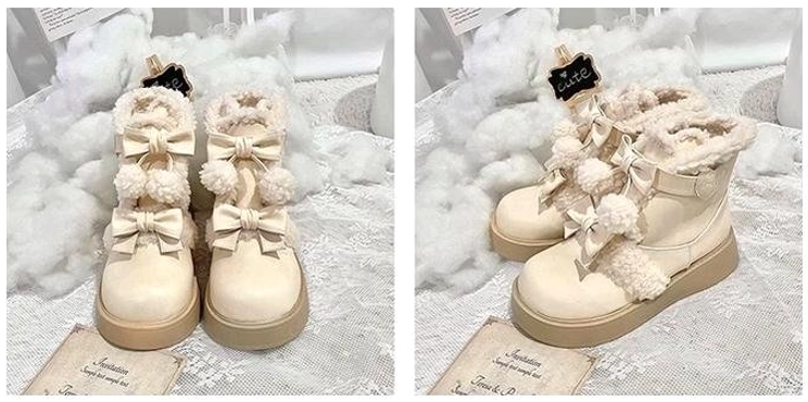 Beige colorway lolita snow boots front and side flat lay views with front bowknot decor shearling collar and chunky platform outsole