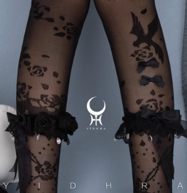 Beige lolita thin silk tights stereo floral design with elegant bird and rose prints, dimensional botanical patterns, ruffled lace ankle trim details for classic lolita fashion coordinate styling