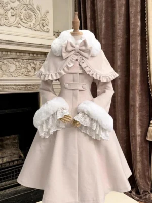 Beige elegant Lolita wool coat with white fluffy fur trim detachable cape bow vintage aesthetic dress form