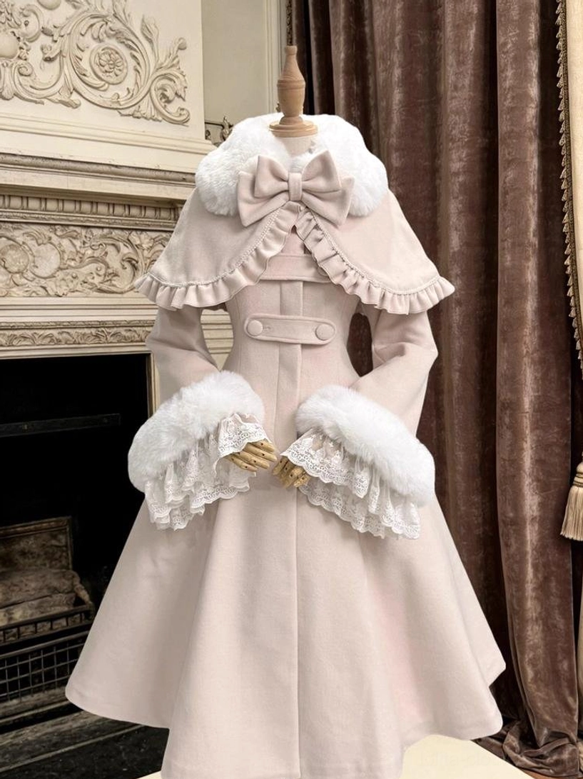Beige elegant Lolita wool coat with white fluffy fur trim detachable cape bow vintage aesthetic dress form
