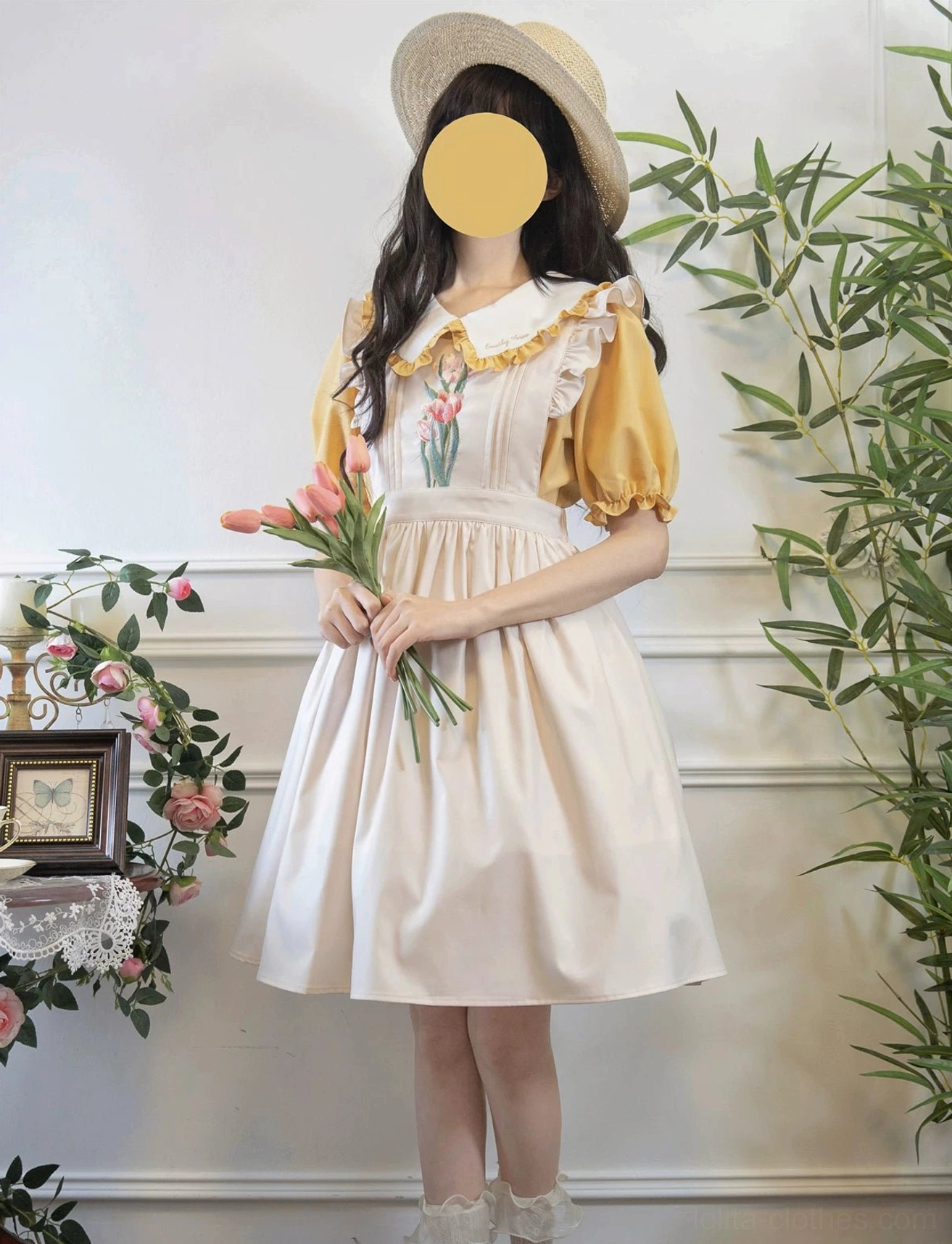 Beige mustard yellow classic lolita salopette dress blouse set tulip embroidery A-line silhouette full-body front
