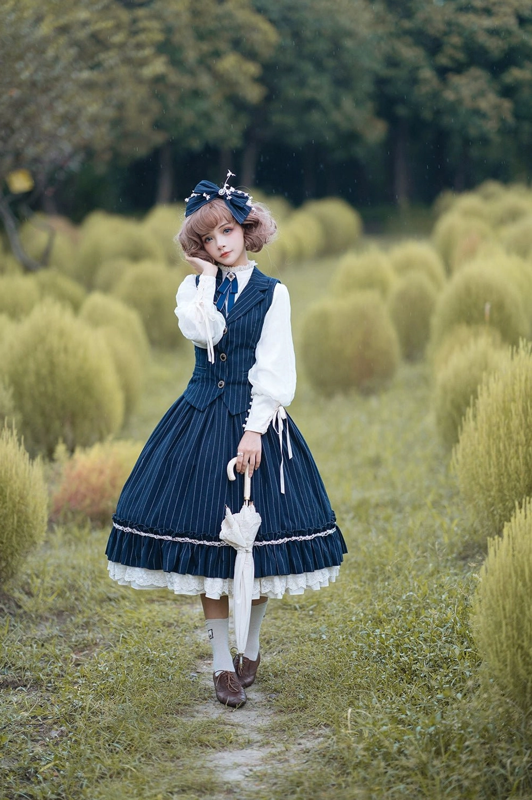 Beige mutton sleeve lolita blouse standing full body model display