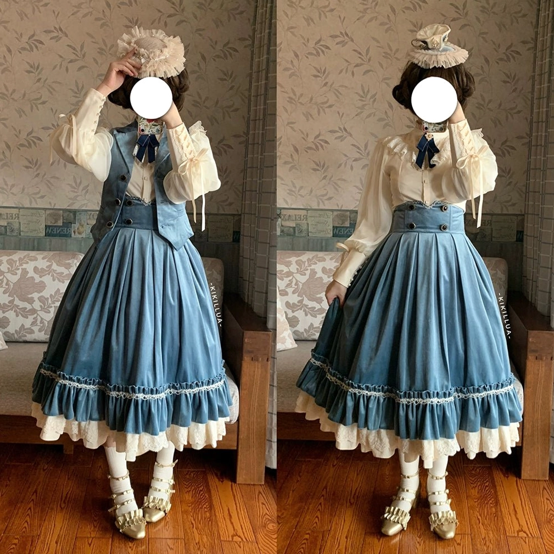 Beige mutton sleeve lolita blouse waist detail hidden button closure