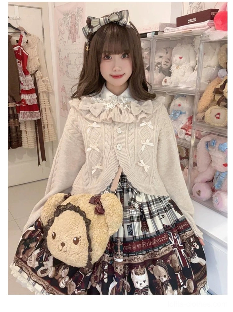 Beige Oatmeal Lace-Trimmed Ruffle Cardigan Sweet Lolita Style Full-Body Model View Scalloped Hemline Detail