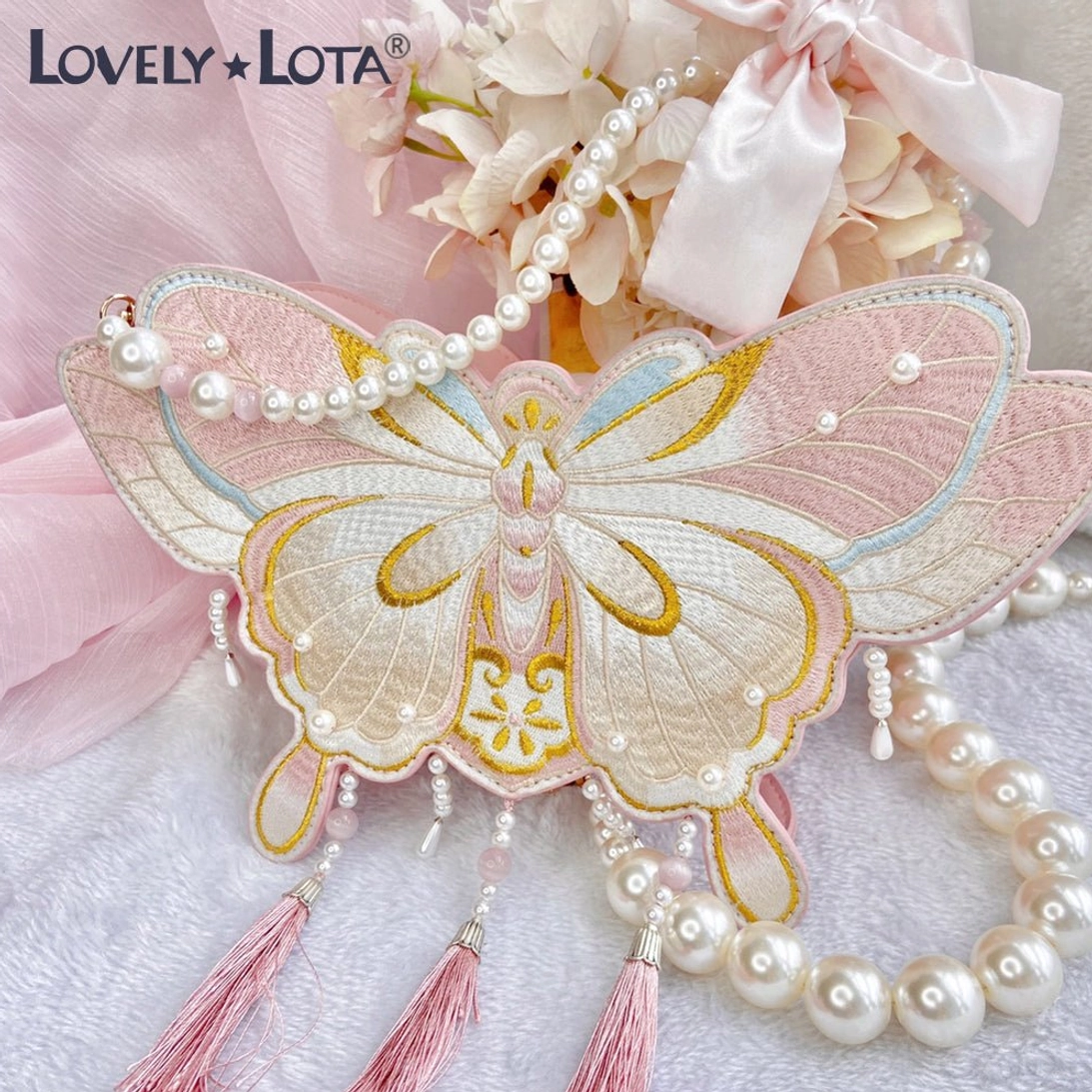Beige-pink gradient Chinese Qi Lolita butterfly bag with golden embroidery large pearls pink tassels and pearl beaded strap styling