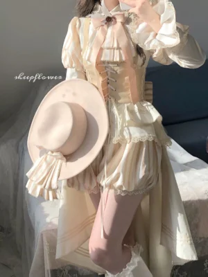 Beige prince ouji lolita dress coordinate close-up front view satin fabric corset waist puff bloomers flat top hat