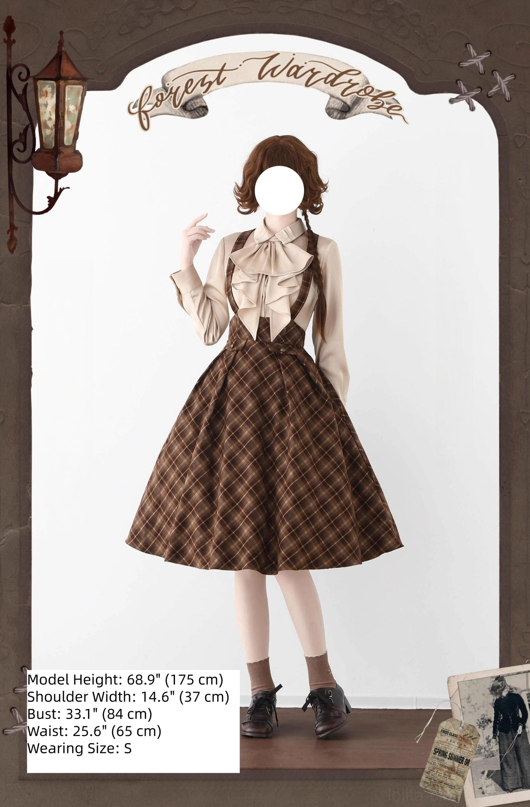 Vintage Lolita coordinate display with beige ruffled jabot blouse and brown plaid midi suspender skirt on mannequin, elegant style showcase, size S model