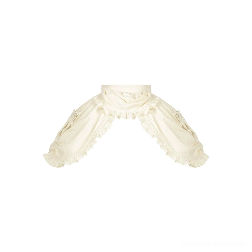 Beige ruffled lolita drape panel overlay - flat lay showing adjustable side-length bustle skirt accessory with layered ruffles for vintage lolita dress coordination