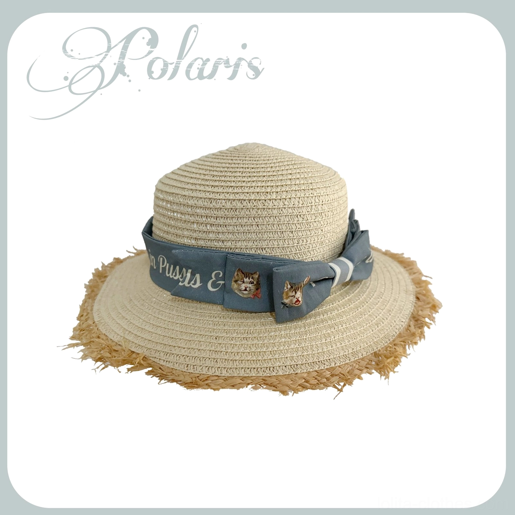 Beige straw hat with decorative hatband accessory shown with country lolita coordinate