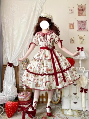 Beige strawberry bear print lolita op dress with petal collar front view full body studio shot vintage cottagecore aesthetic