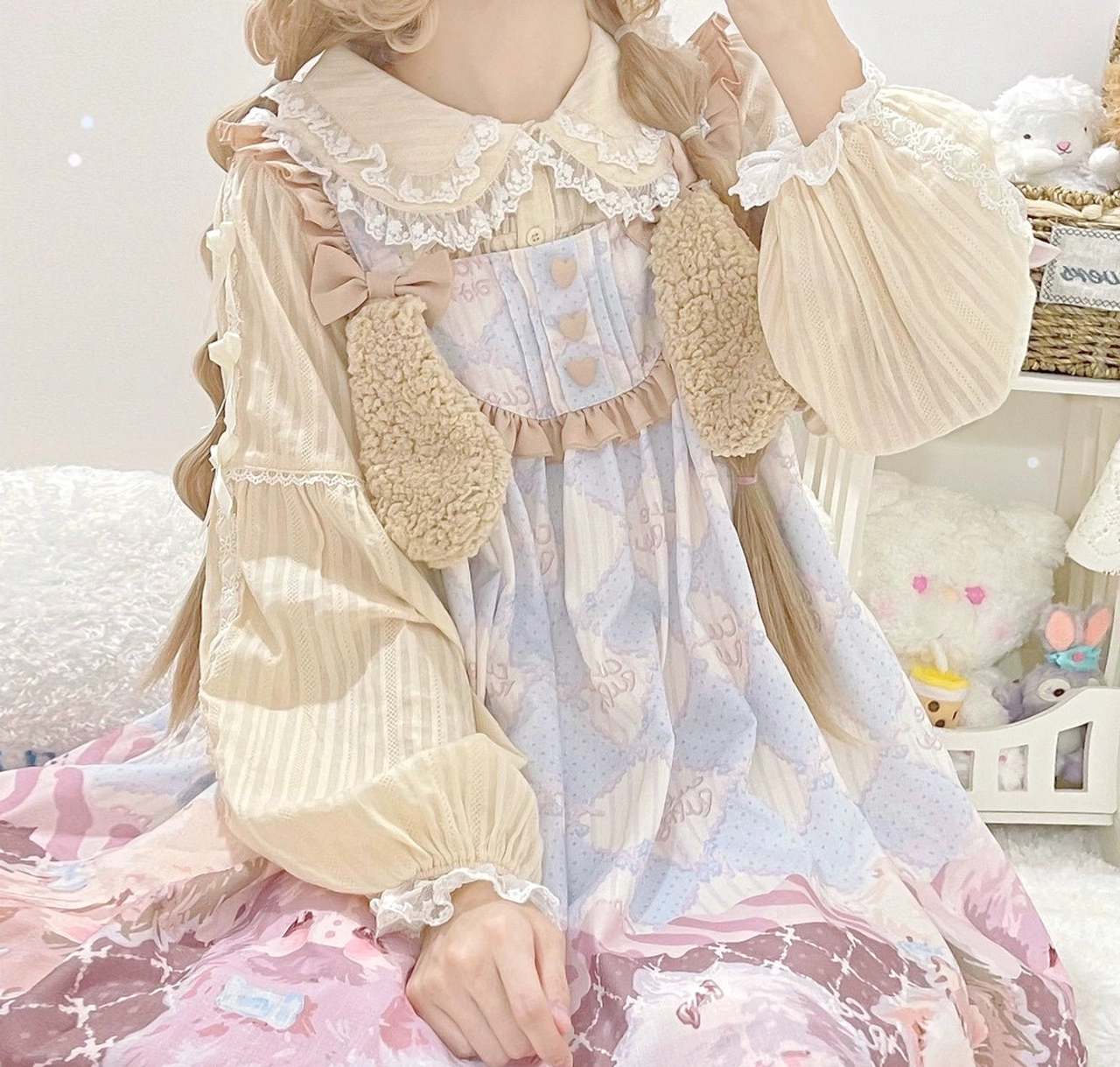 Sweet lolita blouse beige long sleeve doll collar lace-trimmed handmade quality wear