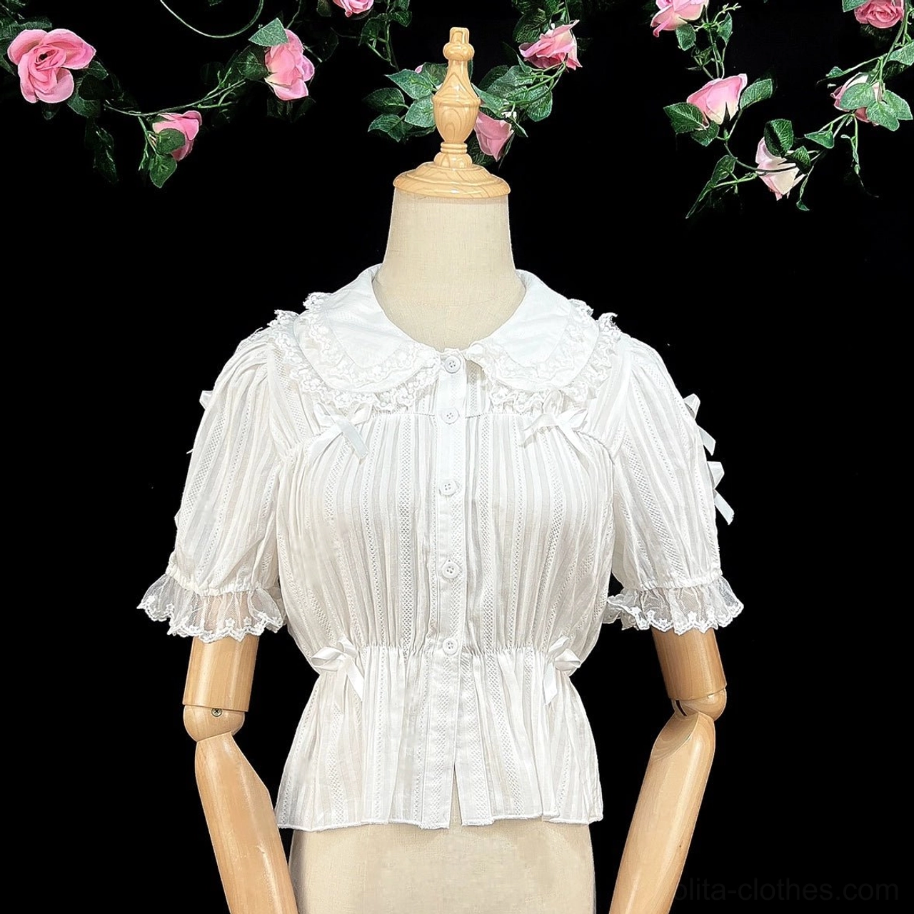 Sweet lolita peter pan collar blouse beige color short sleeve elastic cuff detail functional design