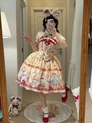 Beige sweet Lolita JSK dress with ruffled A-line skirt and matching front waist bow, pudding prints visible, full-length home hallway coordination