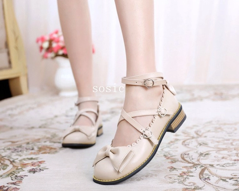 Beige sweet Lolita low heel Mary Jane shoes with dual ankle straps heart buckle hardware and front bow ornament