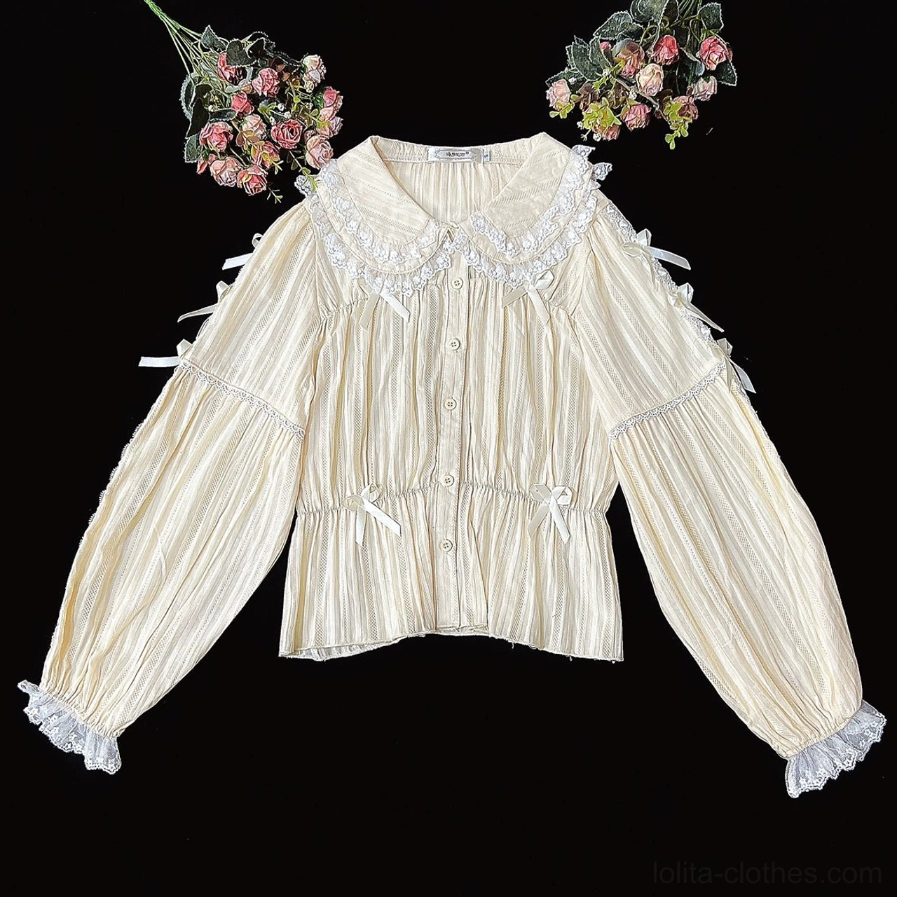 Beige sweet lolita peter pan collar blouse long sleeve puff sleeves lace trim handmade