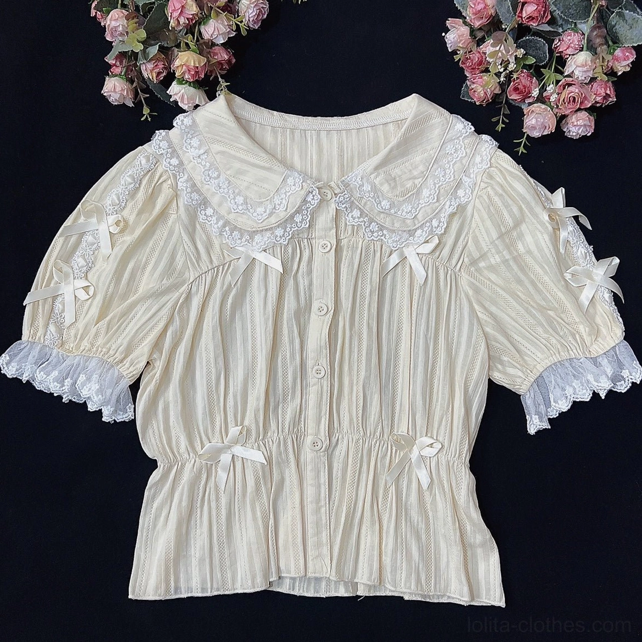 Beige sweet lolita peter pan collar blouse short sleeve jacquard cotton fabric wear
