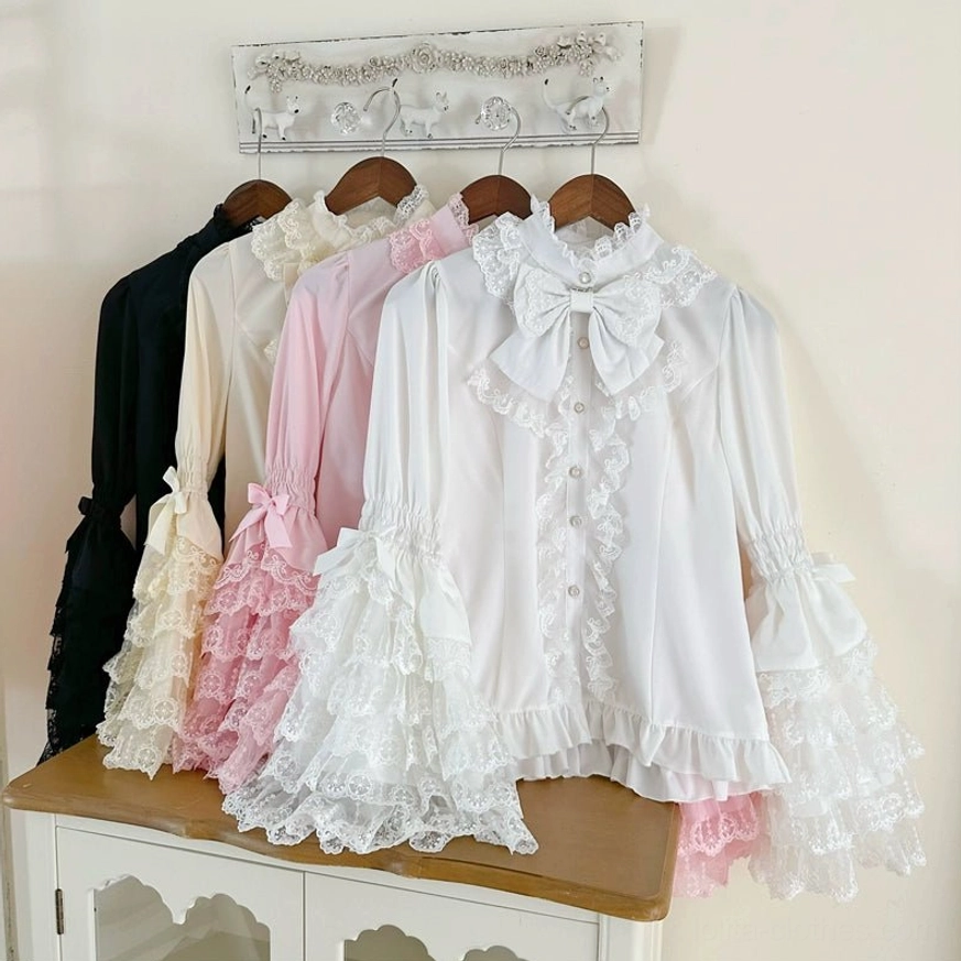 Beige cream sweet wedding lolita JSK dress with bonnet half-body back turning front view showing puffed sleeves and waist bow