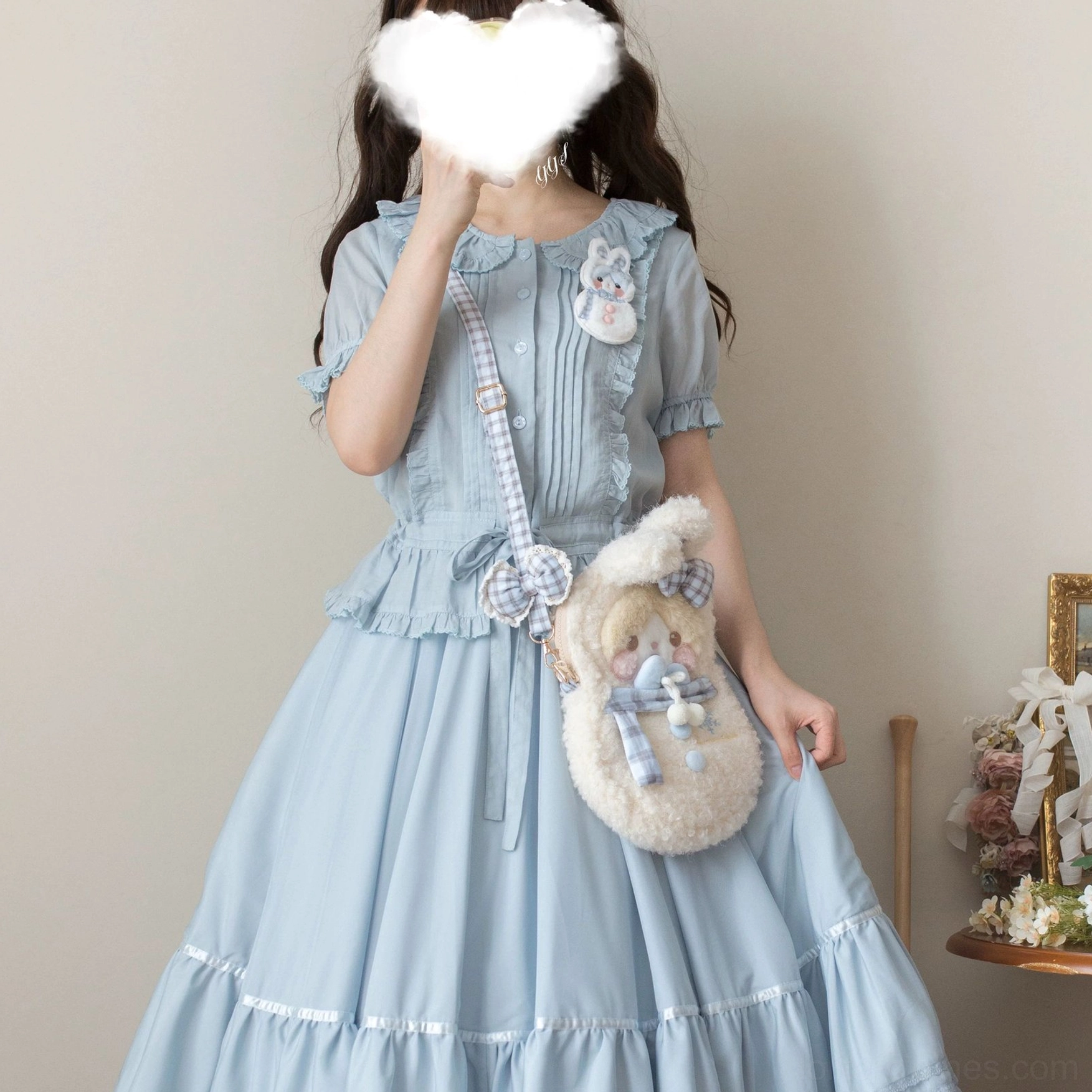Beige or tan sweet Lolita blouse single-layer chiffon front view showing classic Peter Pan collar, front pintucks, short puff sleeves, and button closure