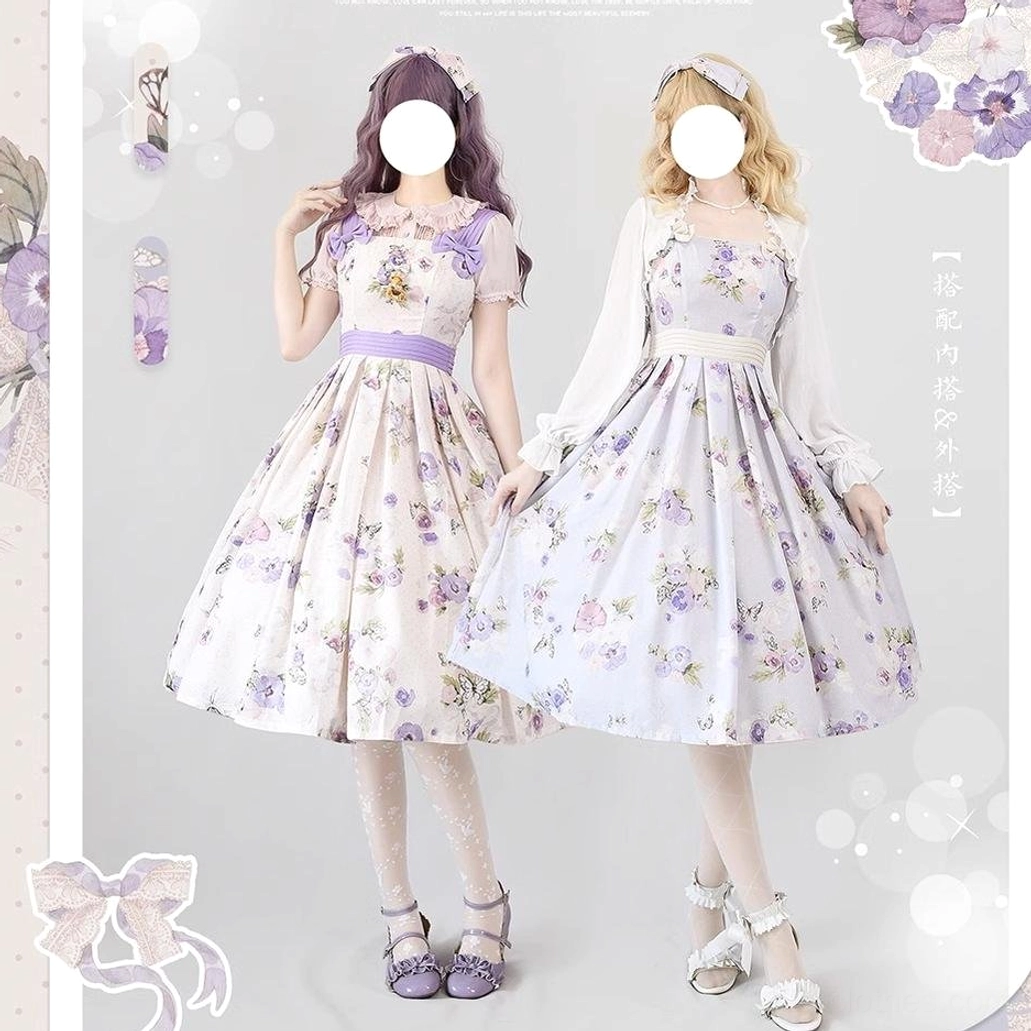Beige tricolor print lolita JSK dress color variation shown on model wearing full coordinate with matching accessories and shoes