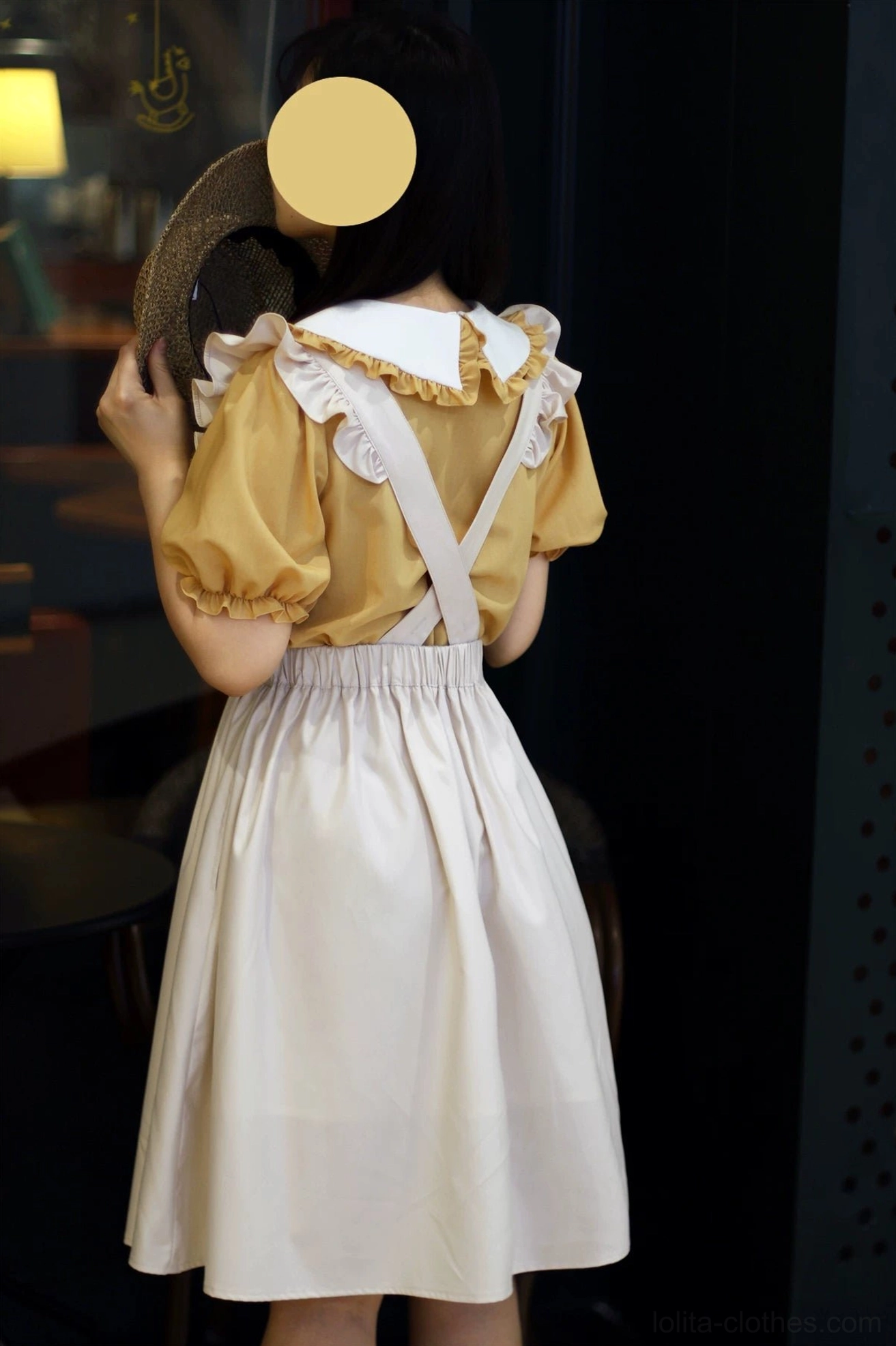 Beige classic lolita salopette dress back view cross-strap high waist A-line silhouette mustard yellow blouse