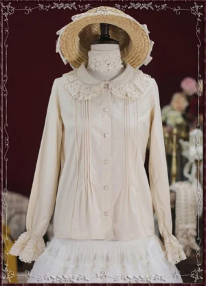 Beige vintage lace Peter Pan collar cotton Lolita blouse with ruffled cuffs front view on mannequin with straw boater hat and burgundy floral background