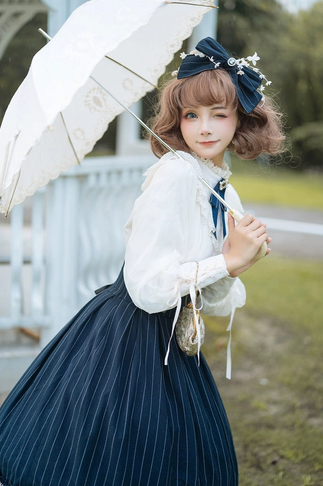 Beige vintage lolita blouse full length front view on dress form
