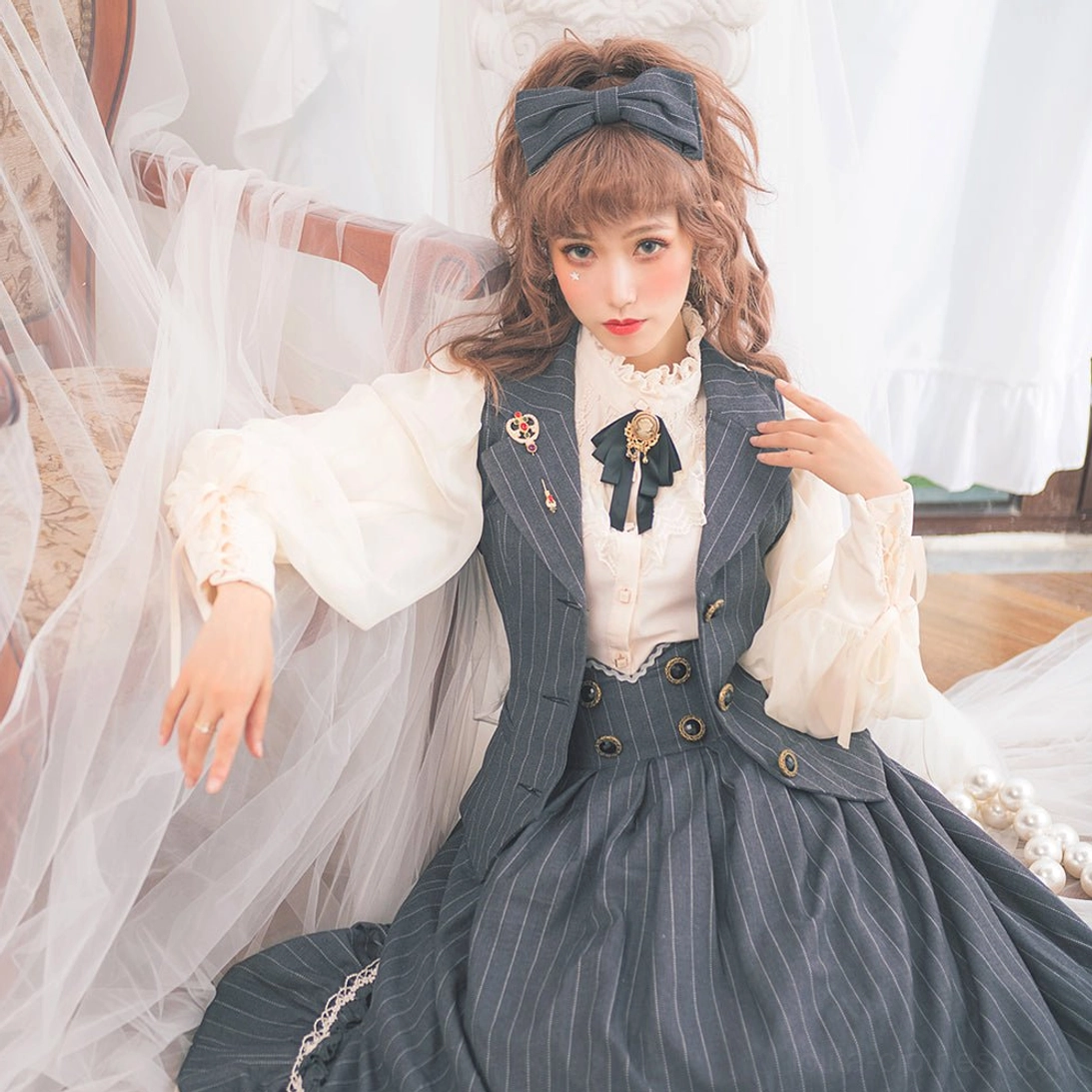 Beige vintage lolita blouse model wearing casual coordinate