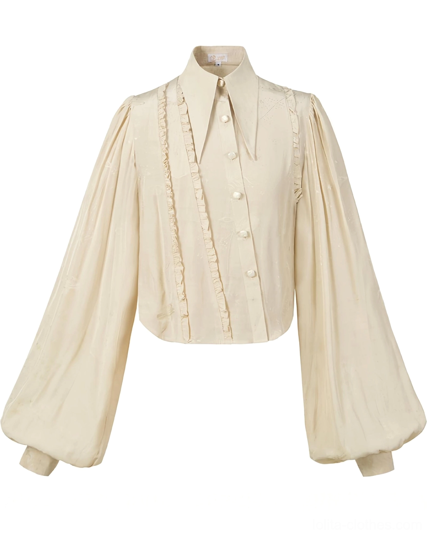 Starry Whispers vintage Lolita blouse in beige flat lay front view showcasing pointed collar lantern sleeves and diagonal ruffle button closure with embossed fabric texture