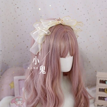 Beige white cream lolita bow hair clip with delicate ruffled organza and pearl star embellishments elegant pale view
