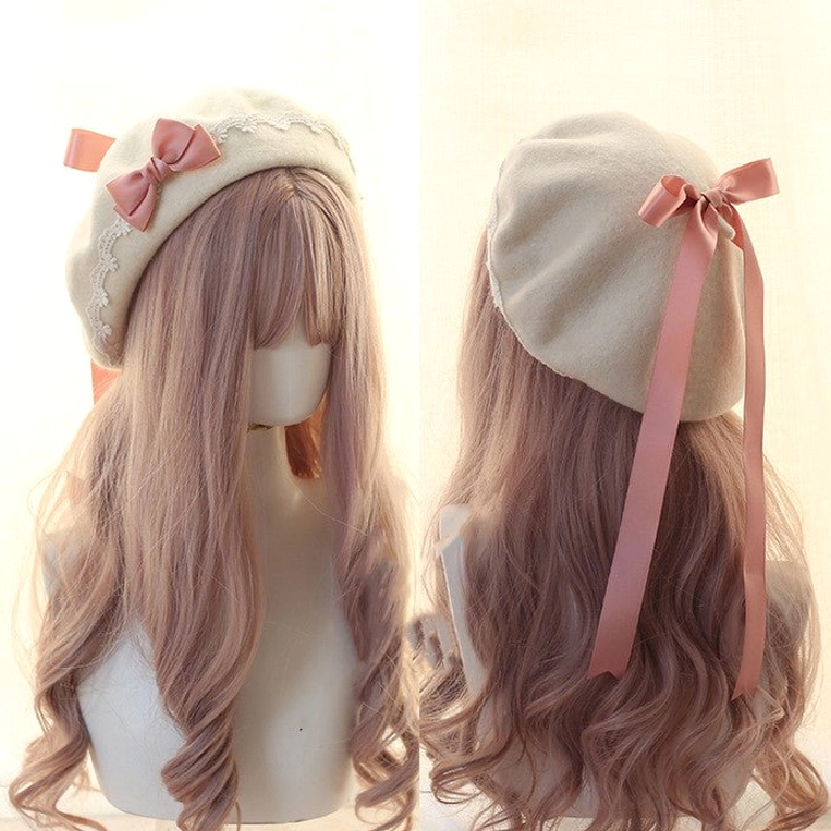 Beige cream lolita beret with bright pink bow and white lace brim trim elegant side view