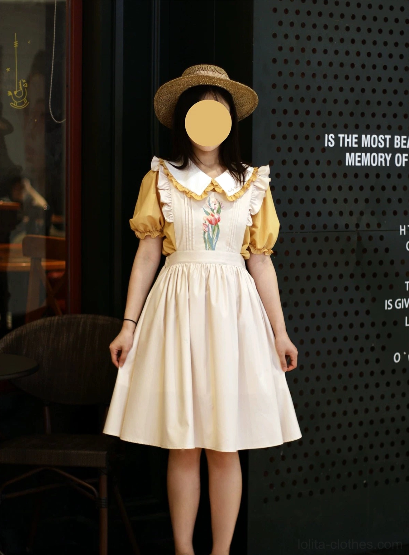 Beige mustard yellow classic lolita salopette dress blouse tulip embroidery A-line silhouette full-body coordinate