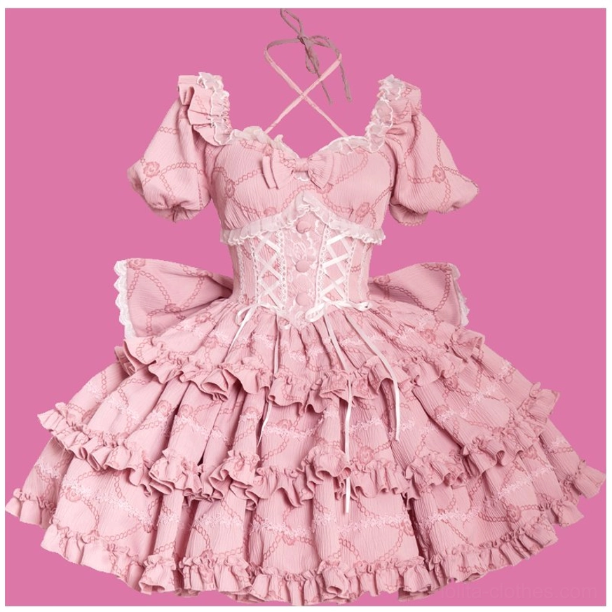 Berry mauve sweet lolita one-piece dress front full body view tiered ruffle skirt front chest bow detail coordinate