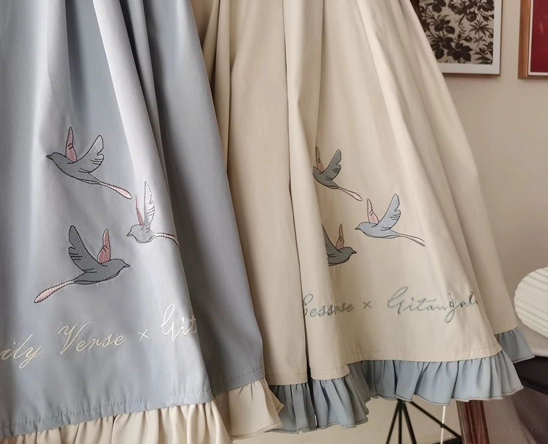 Bird embroidery Lolita JSK dress with coordinating inner blouse full ensemble styled presentation aesthetic view