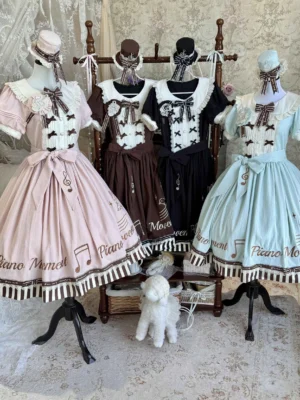 Birdsong Symphony piano-themed old school lolita OP dress multiple color variants front display with matching hair fascinators and musical note embroidery details