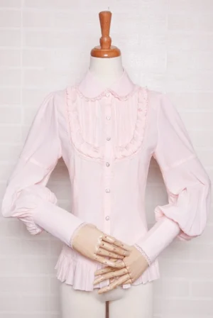 Romantic Victorian-inspired Lolita blouse with voluminous bishop sleeves and pearlescent front buttons, front view on mannequin with hands crossed