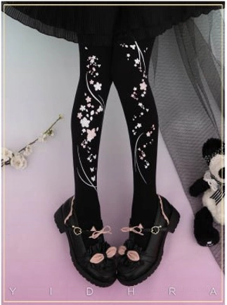 Black 120d velvet cherry blossom qi lolita pantyhose upgraded version dimensional sakura print pom-pom details