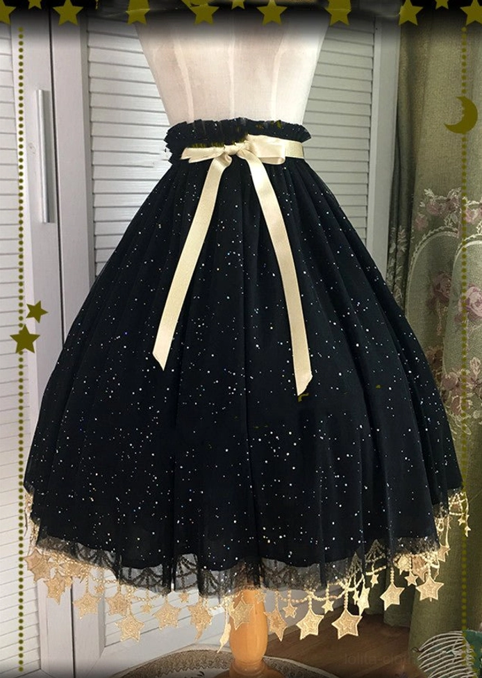 Black lolita petticoat 19.7 inch classic length with gold star lace hem gothic sweet coordinate
