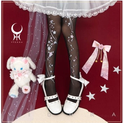 Black 20d sheer cherry blossom qi lolita pantyhose normal version delicate embroidered sakura spring summer styling