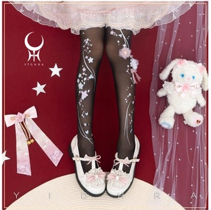 Black 20d sheer cherry blossom qi lolita pantyhose upgraded version translucent embroidered sakura vine design