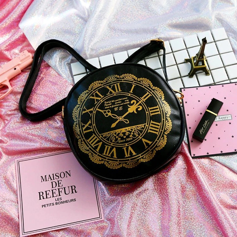 Black Alice Clock round lolita bag detailed gold clock lace trim front view