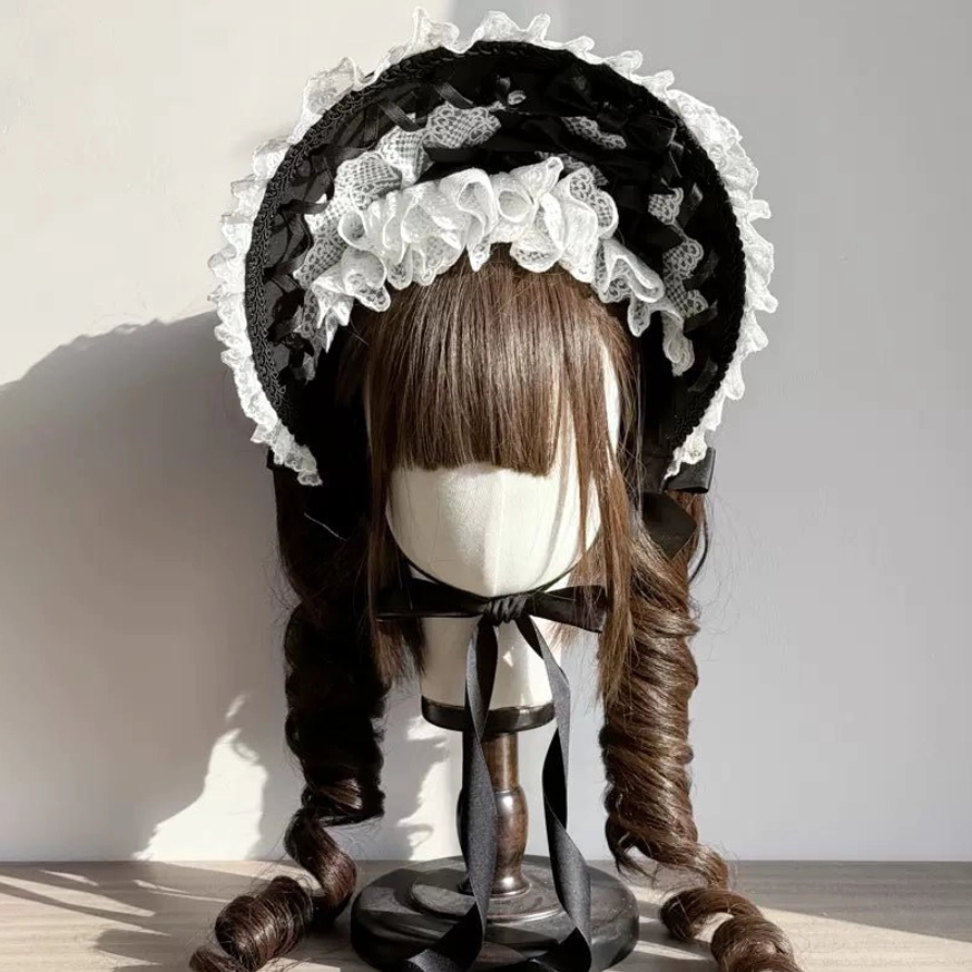 Black and white gothic lolita lace bonnet color variant showing contrast design, ruffled brim with mixed color scheme aesthetic