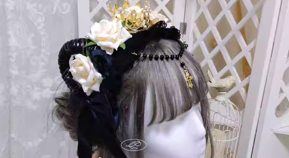 Black-beige Gothic Lolita rose crown headdress with golden crown dark red roses pearl details star veil lolita fashion accessory