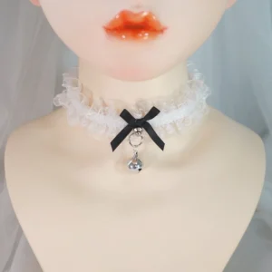Black satin bow lolita bell choker worn on mannequin bust featuring white frilled lace, silver bell pendant, close-up front view demonstrating fit and elegant aesthetic