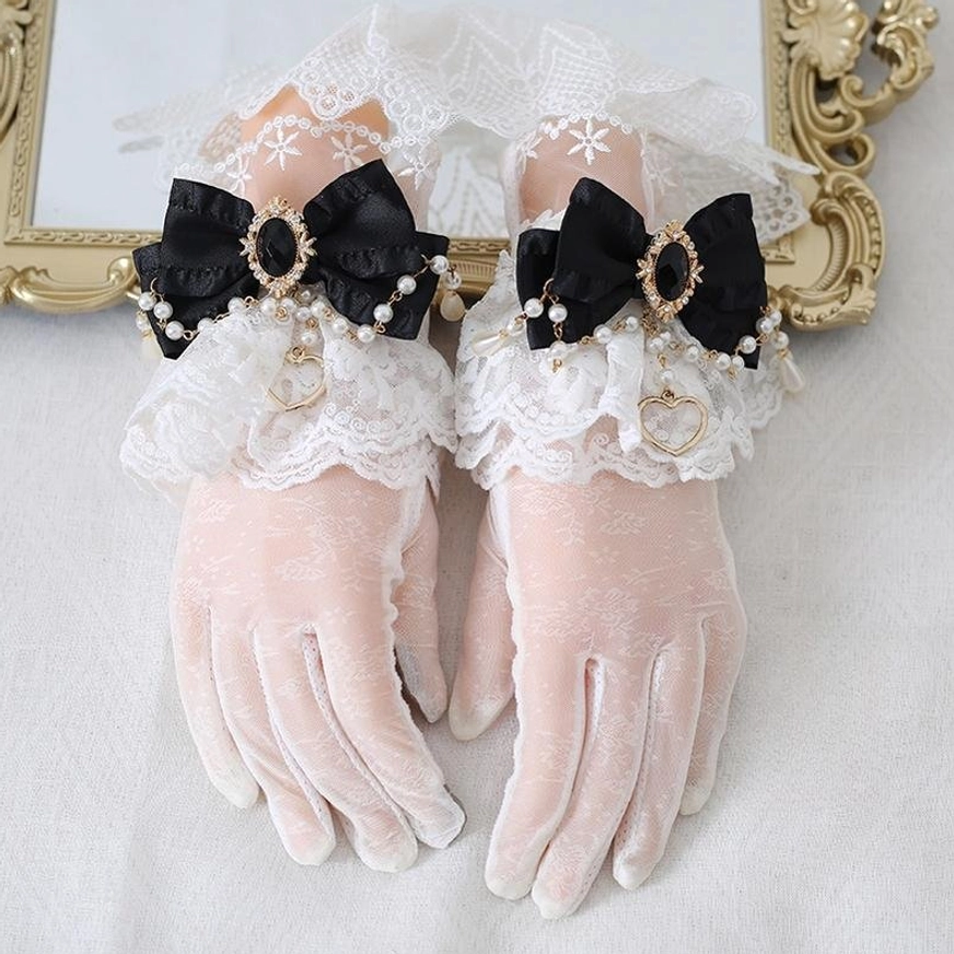 Black satin bow with gem brooch vintage lolita lace gloves white ruffled cuffs pearl heart charms touchscreen function