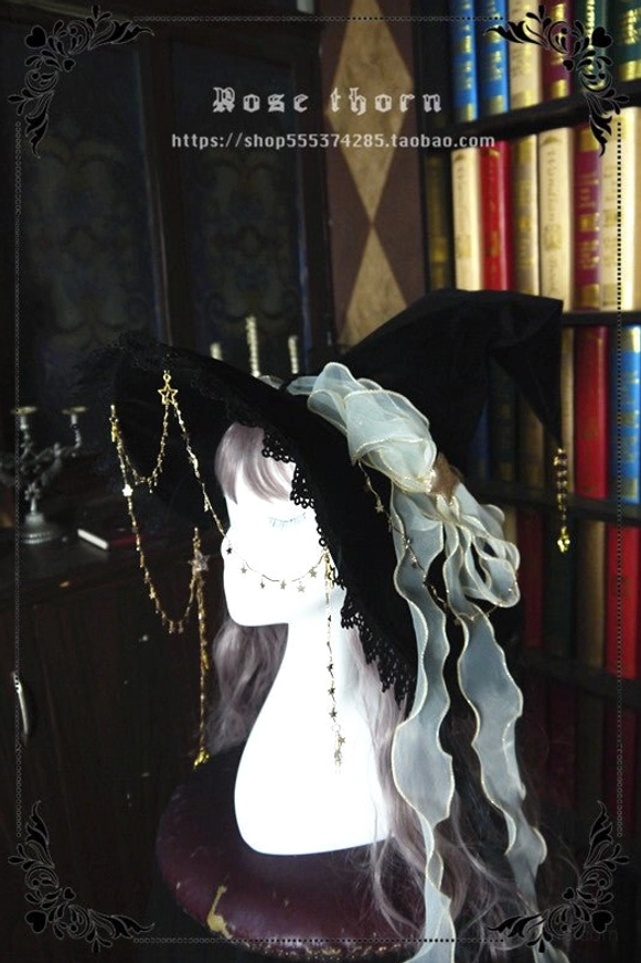 Black bow ribbon lolita witch hat without veil and star chain, classic gothic lolita community meetup accessory