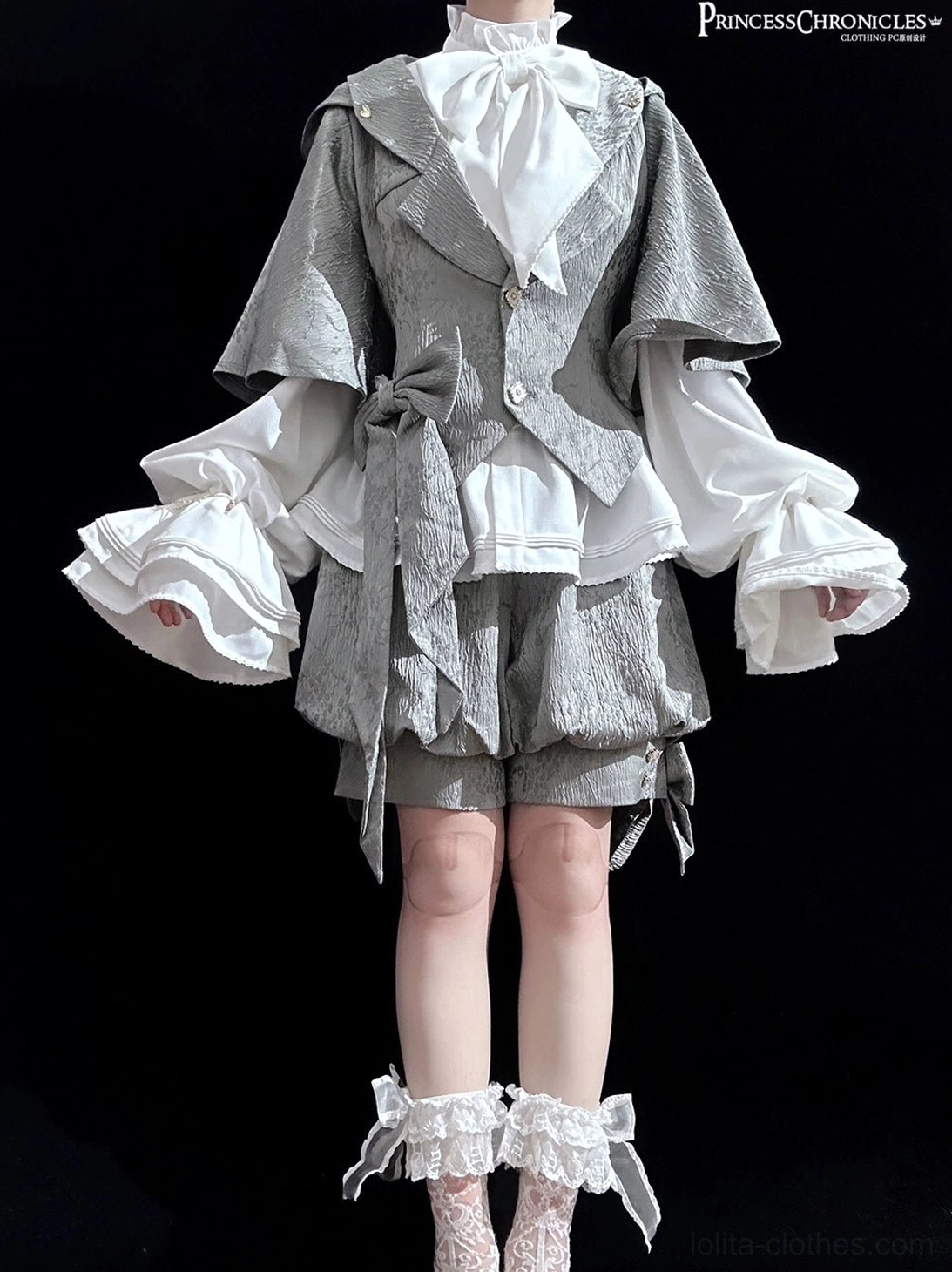 Black bow tie and waist detail glacier grey ouji lolita coat non-removable bow accent and silhouette